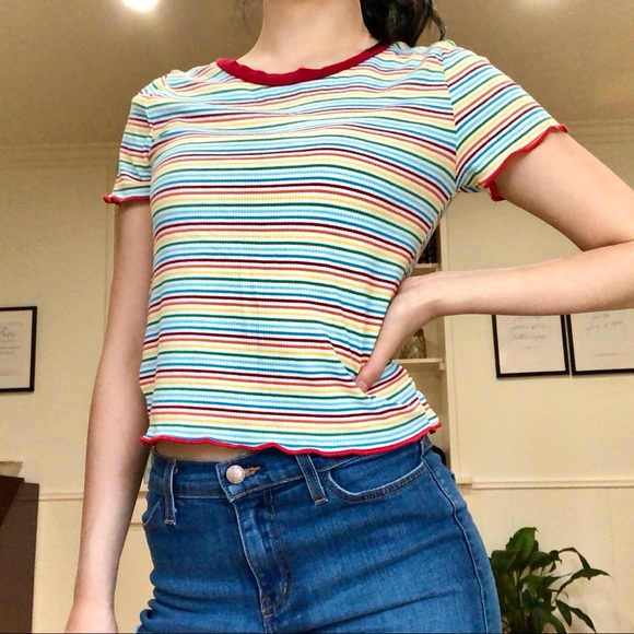 Y2K Rainbow Striped Crop Top with Bottom Frill - Picture 1 of 2